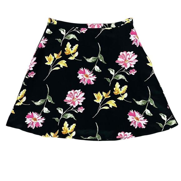 VTG 90s Petite Sophisticate Black & Pink Whimsical Floral Silk Midi Skirt 10/M - Picture 1 of 7